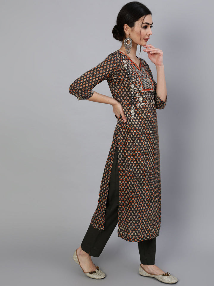 Cotton Calf Length Embroidered Straight 3/4 Sleeve Round Neck Kurta Set With Dupatta