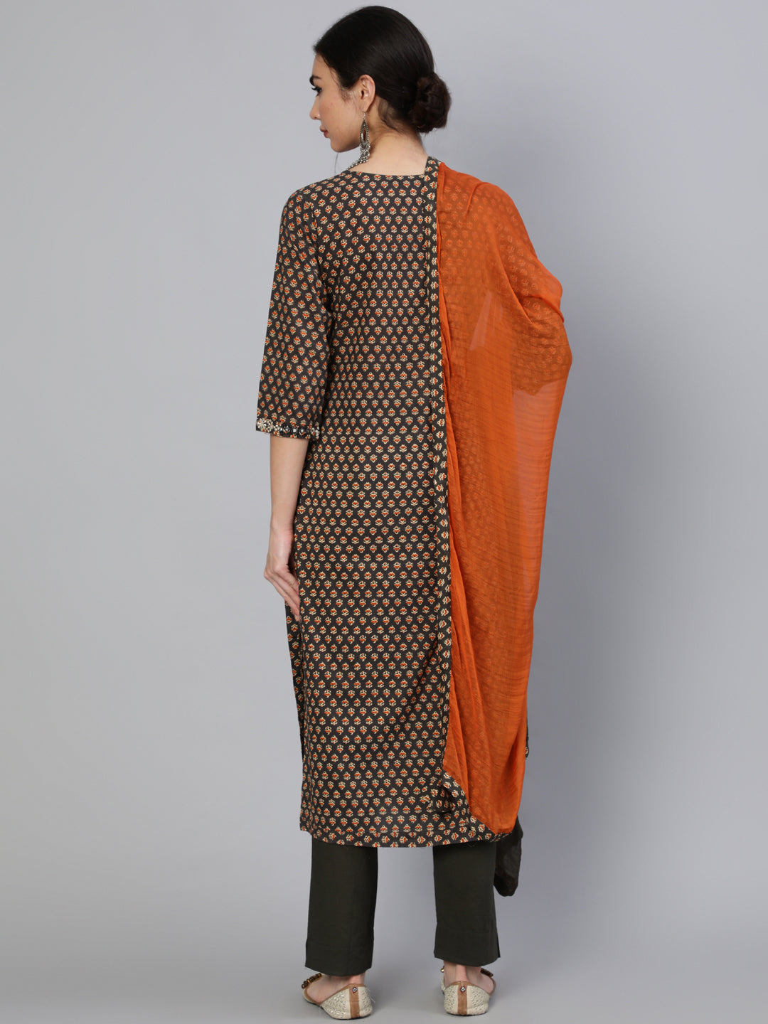 Cotton Calf Length Embroidered Straight 3/4 Sleeve Round Neck Kurta Set With Dupatta