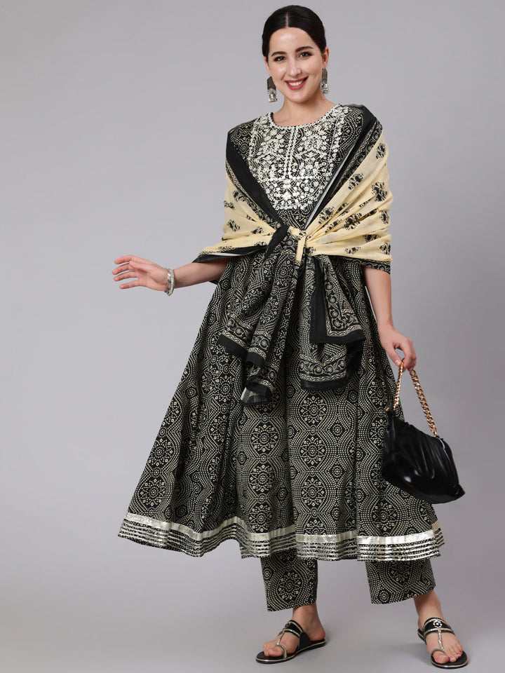 Cotton Calf Length Mirror Work Flared 3/4 Sleeve Round Neck Kurta Set With Dupatta