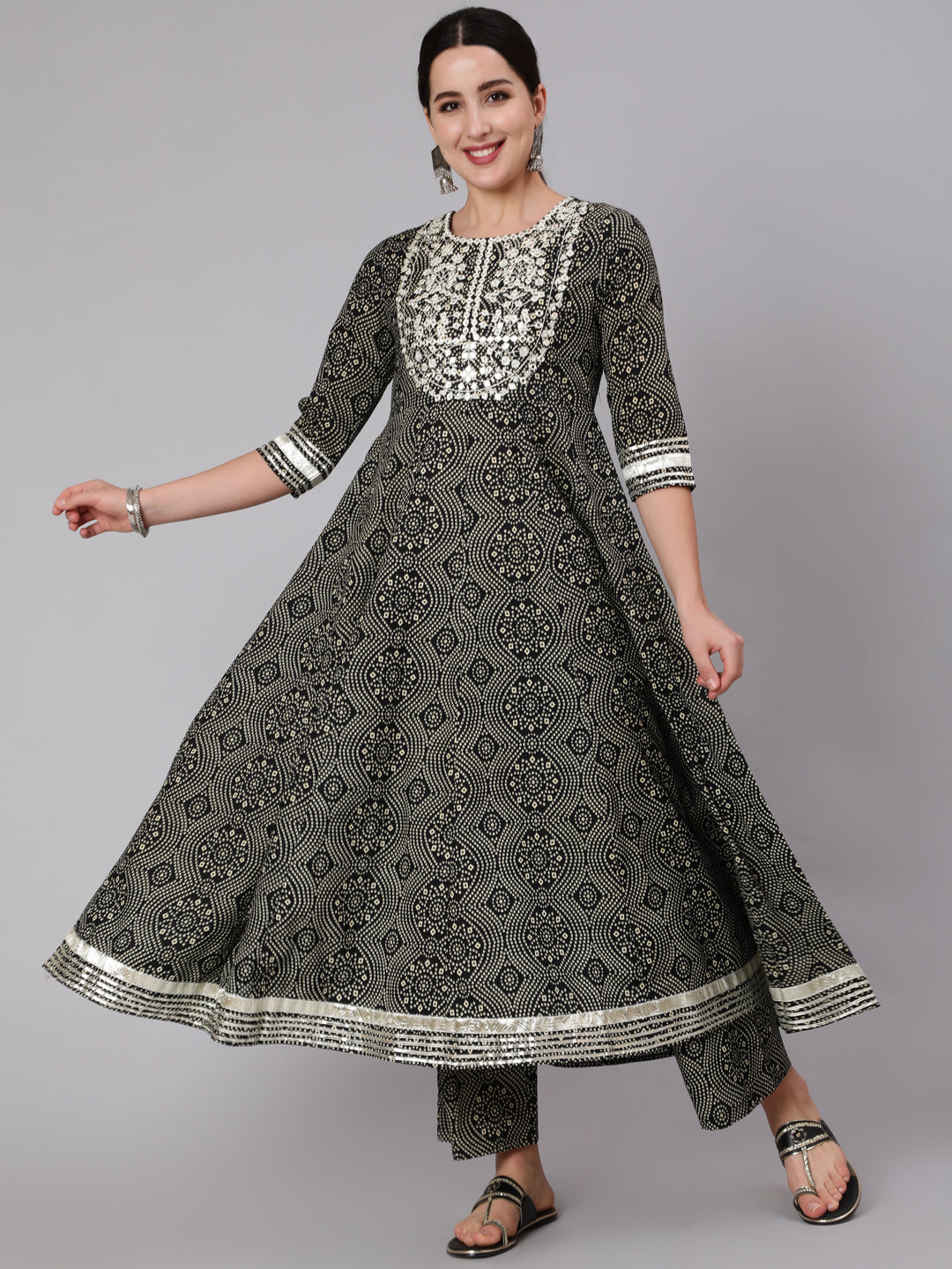 Cotton Calf Length Mirror Work Flared 3/4 Sleeve Round Neck Kurta Set With Dupatta