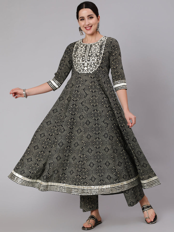 Cotton Calf Length Mirror Work Flared 3/4 Sleeve Round Neck Kurta Set With Dupatta