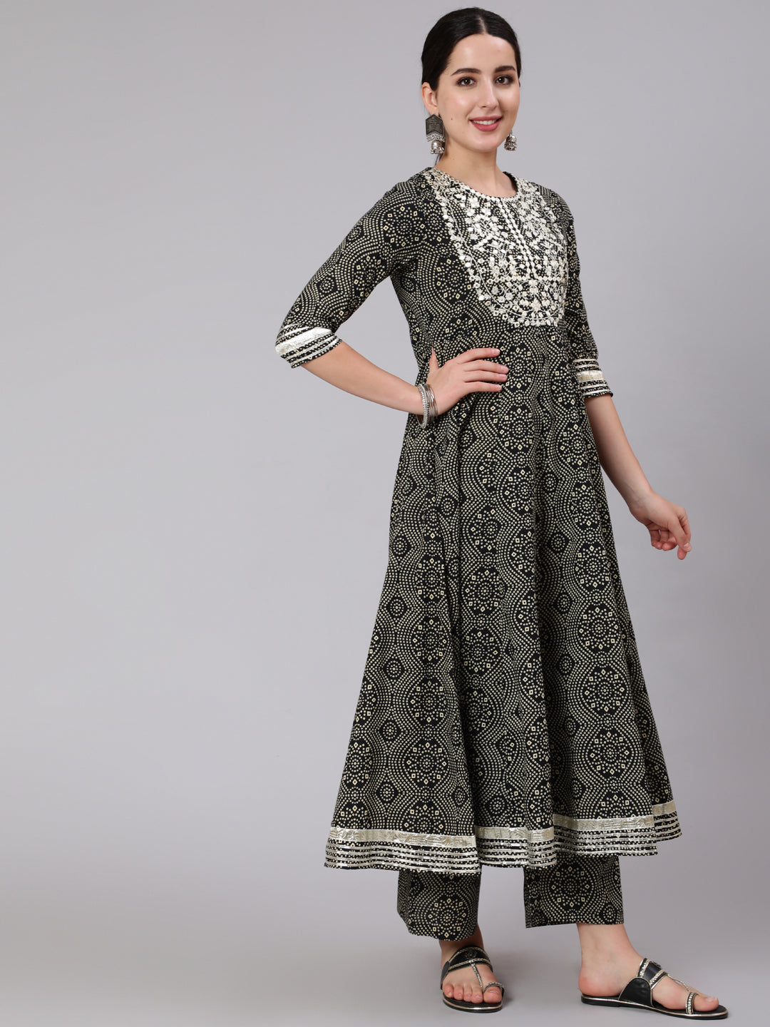 Cotton Calf Length Mirror Work Flared 3/4 Sleeve Round Neck Kurta Set With Dupatta