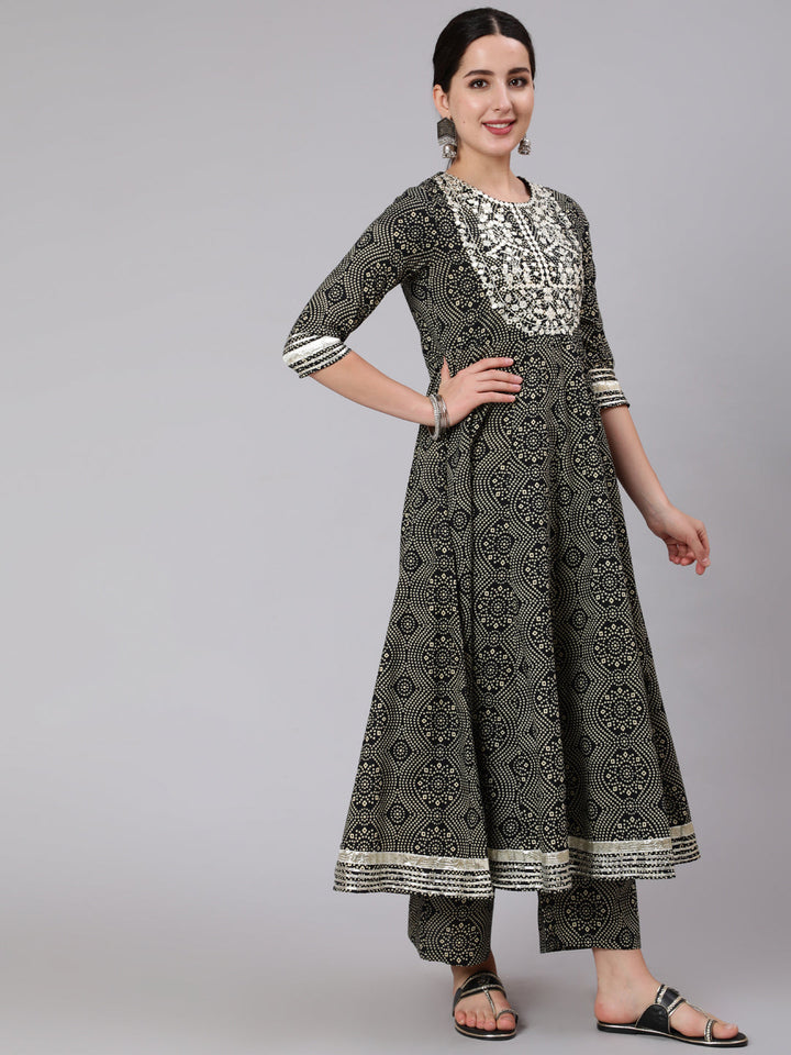 Cotton Calf Length Mirror Work Flared 3/4 Sleeve Round Neck Kurta Set With Dupatta