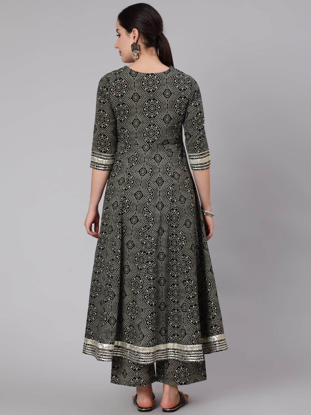 Cotton Calf Length Mirror Work Flared 3/4 Sleeve Round Neck Kurta Set With Dupatta