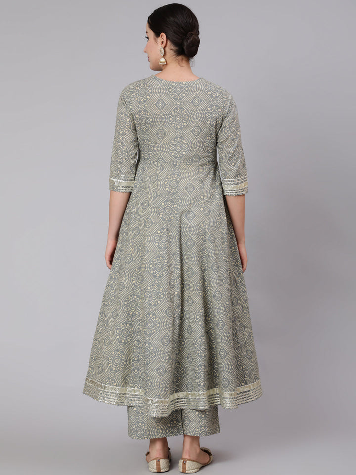 Cotton Calf Length Mirror Work Flared 3/4 Sleeve Round Neck Kurta Set With Dupatta
