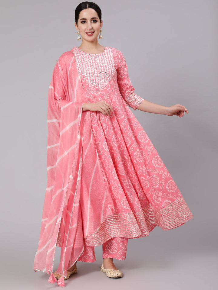 Cotton Calf Length Mirror Work Flared 3/4 Sleeve Round Neck Kurta Set With Dupatta