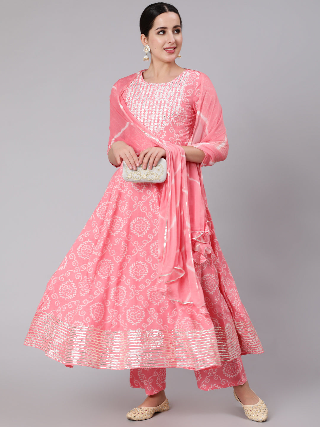 Cotton Calf Length Mirror Work Flared 3/4 Sleeve Round Neck Kurta Set With Dupatta