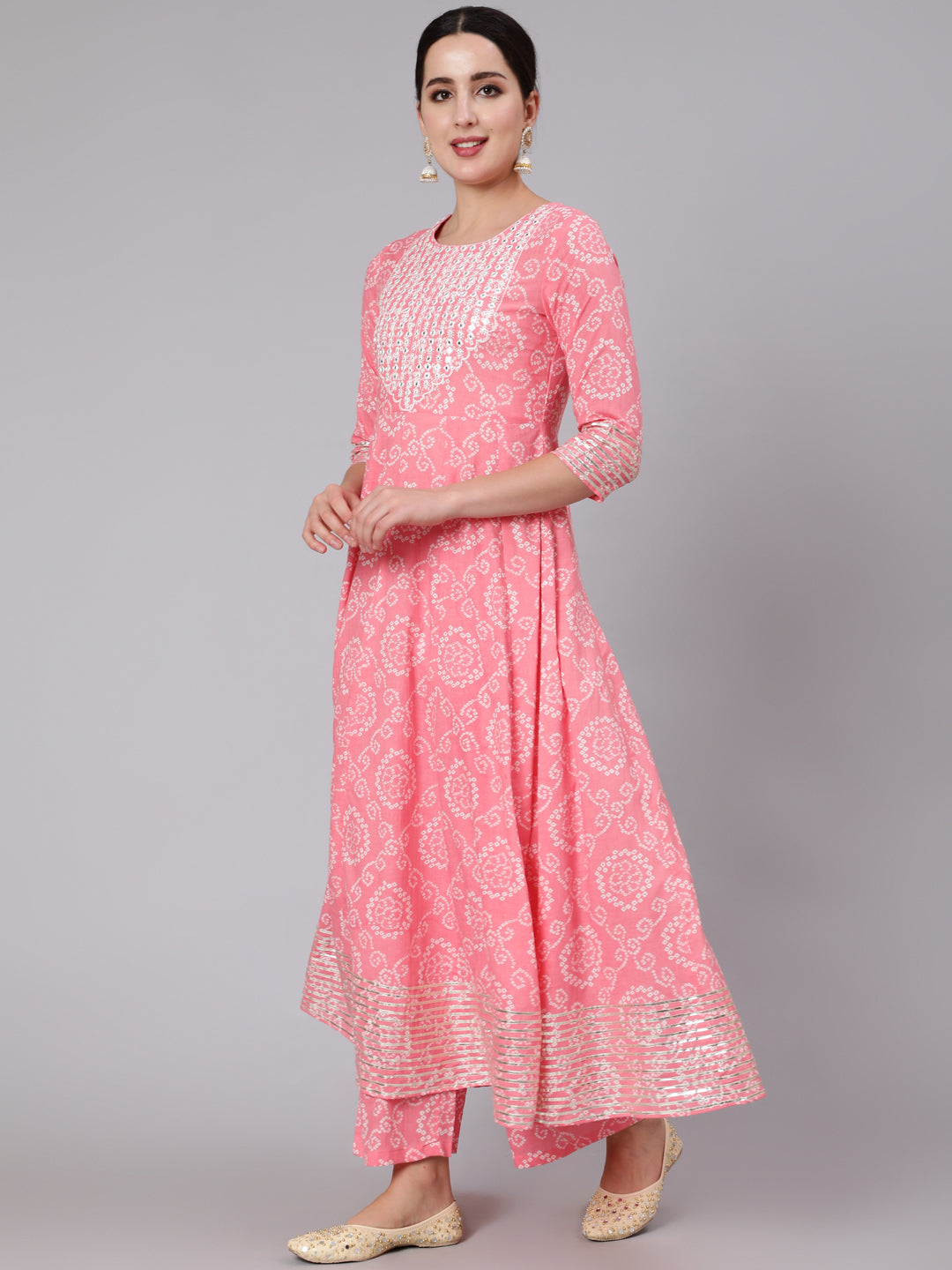 Cotton Calf Length Mirror Work Flared 3/4 Sleeve Round Neck Kurta Set With Dupatta