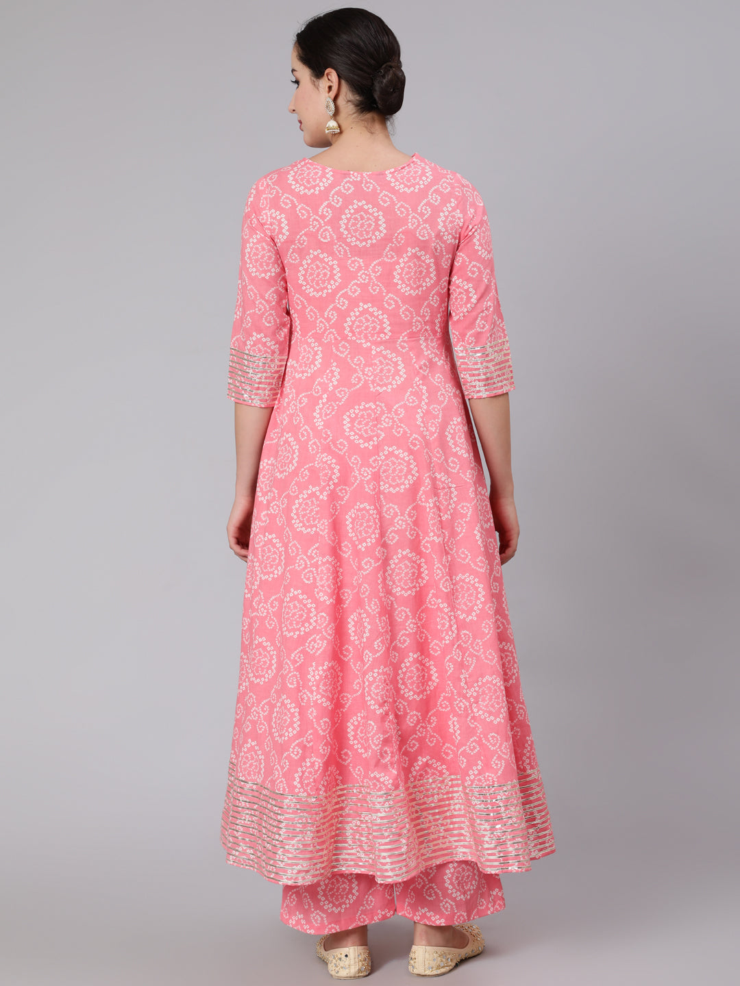 Cotton Calf Length Mirror Work Flared 3/4 Sleeve Round Neck Kurta Set With Dupatta