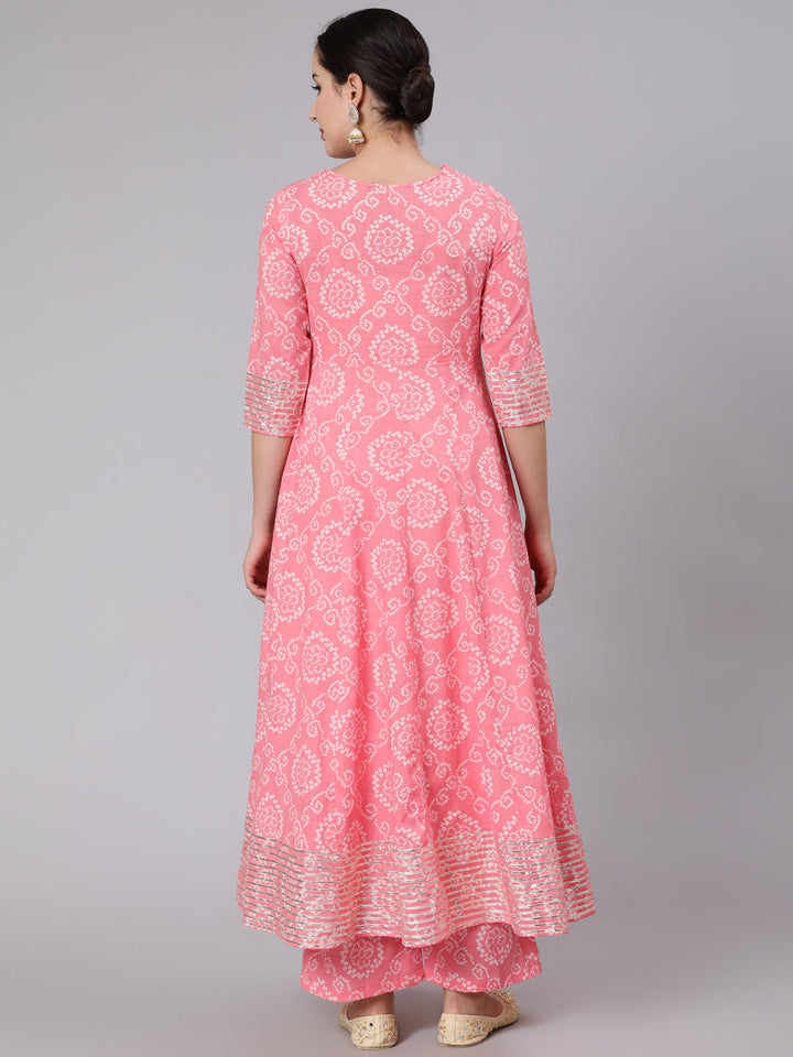 Cotton Calf Length Mirror Work Flared 3/4 Sleeve Round Neck Kurta Set With Dupatta