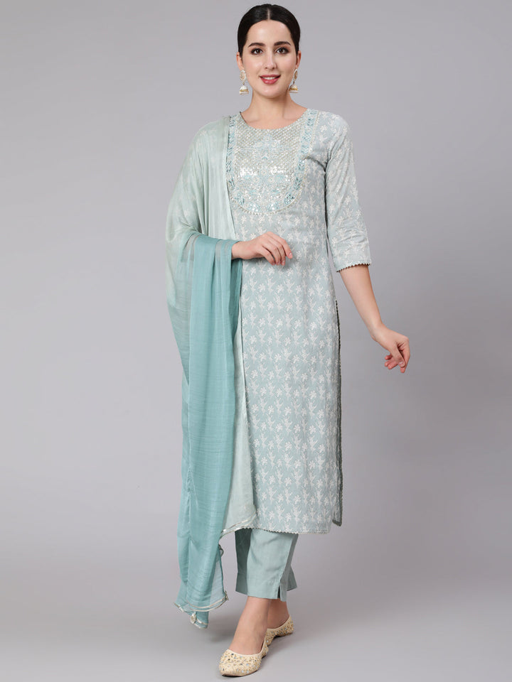 Rayon Calf Length Sequence Stright 3/4 Sleeve Round Neck Kurta Set With Dupatta
