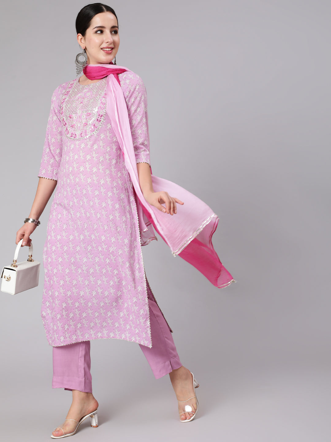 Rayon Calf Length Sequence Stright 3/4 Sleeve Round Neck Kurta Set With Dupatta