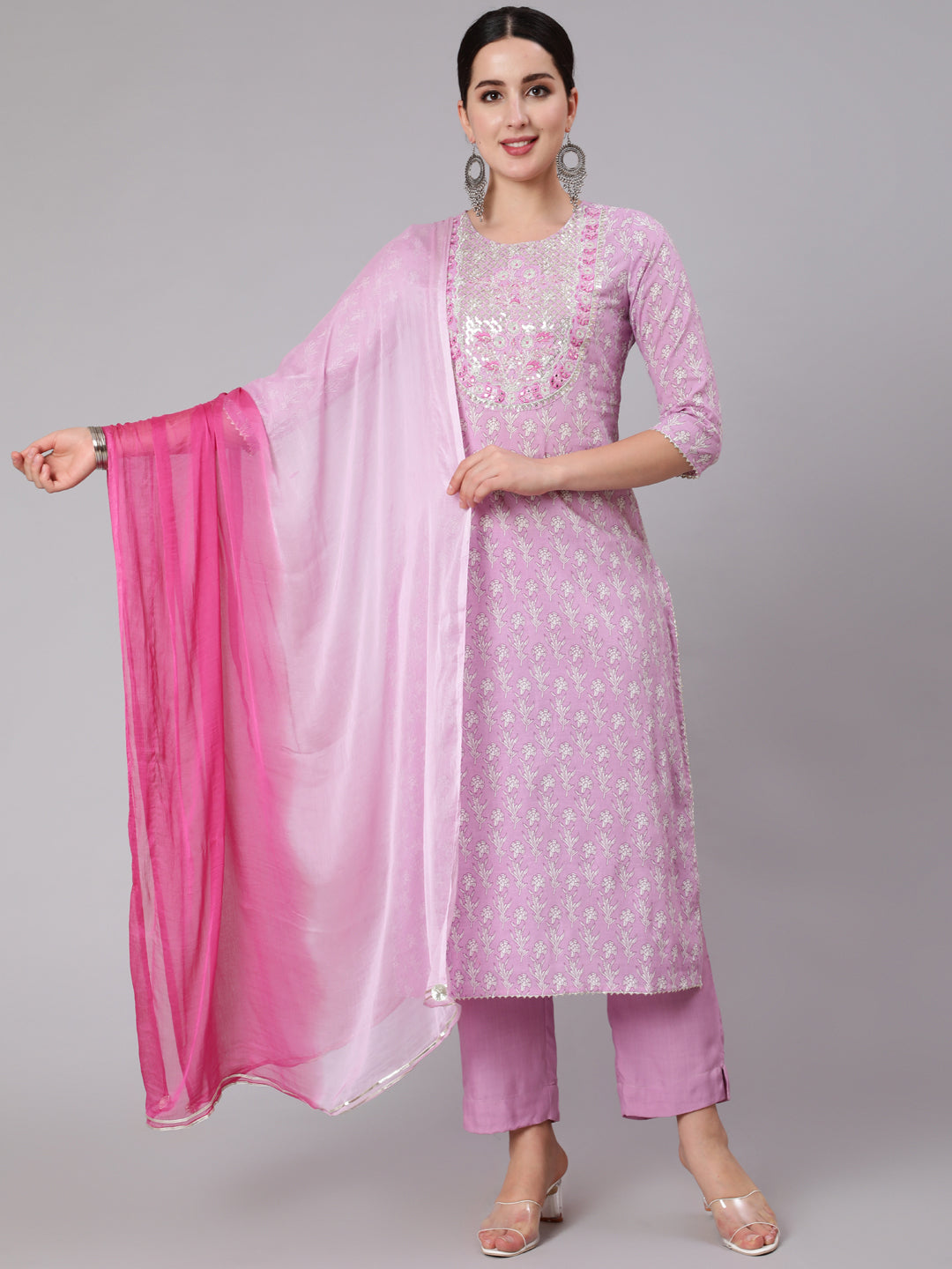 Rayon Calf Length Sequence Stright 3/4 Sleeve Round Neck Kurta Set With Dupatta