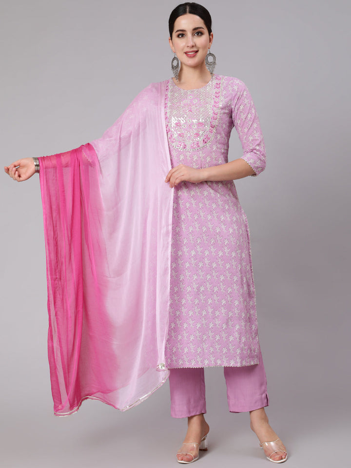 Rayon Calf Length Sequence Stright 3/4 Sleeve Round Neck Kurta Set With Dupatta