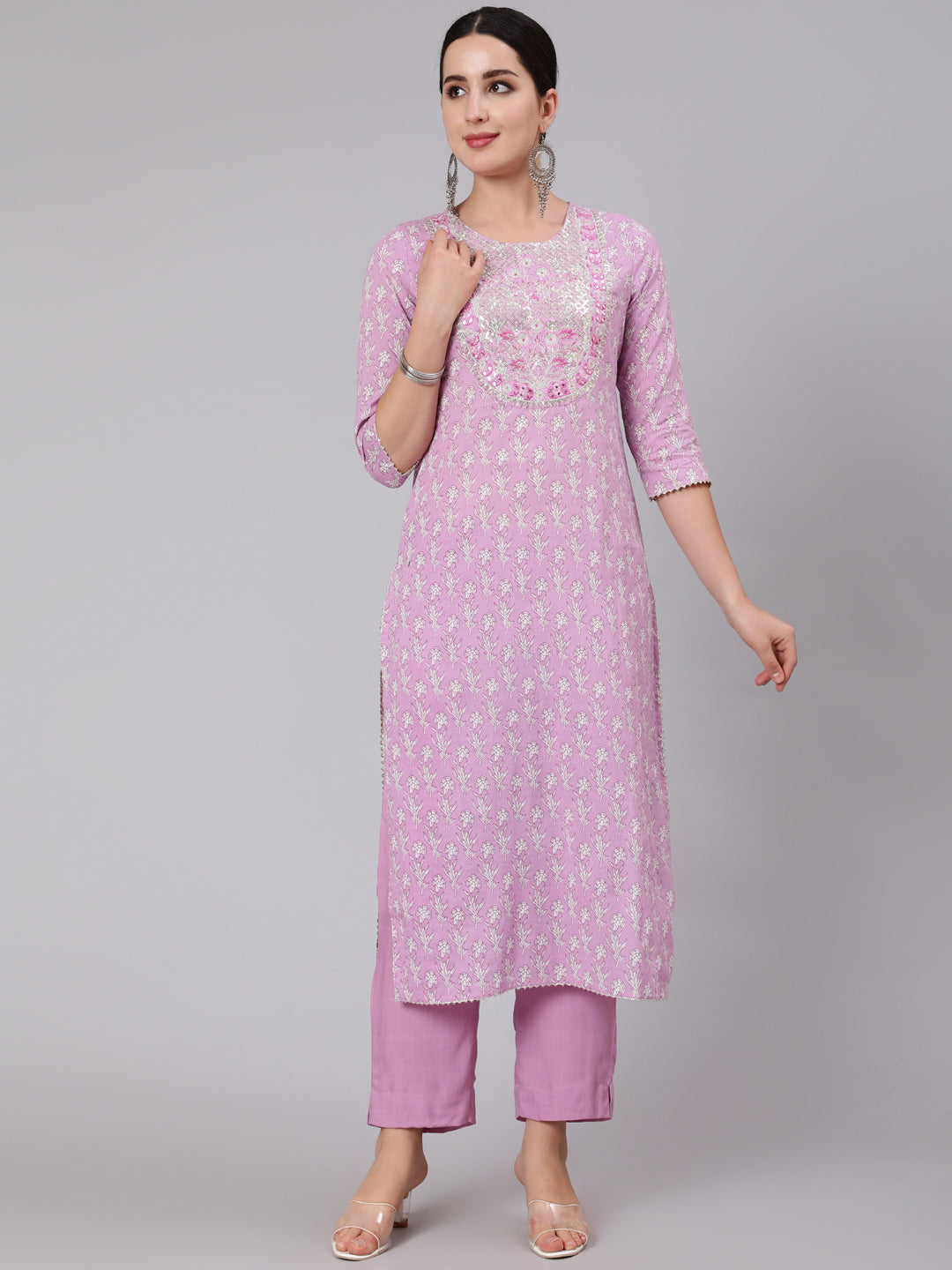 Rayon Calf Length Sequence Stright 3/4 Sleeve Round Neck Kurta Set With Dupatta
