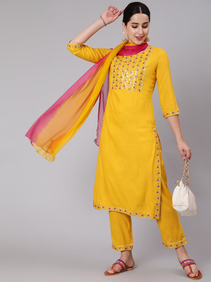 Rayon Slub Calf Length Sequence Stright 3/4 Sleeve Round Neck Kurta Set With Dupatta