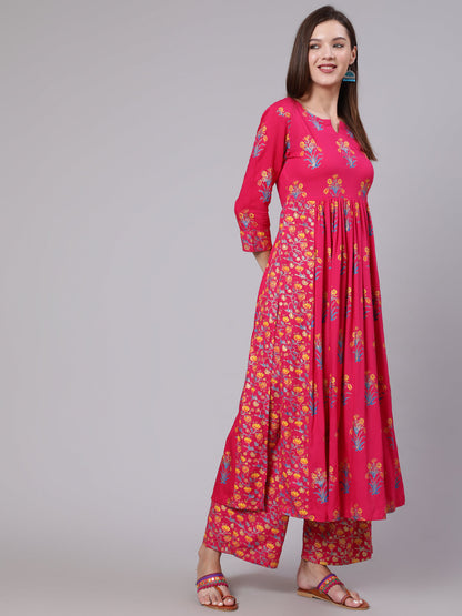 Rayon Calf Length Printed Flared 3/4 Sleeve Round Neck Set