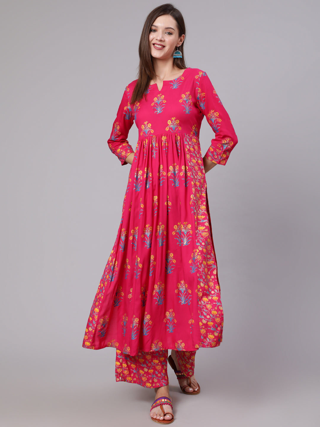 Rayon Calf Length Printed Flared 3/4 Sleeve Round Neck Set