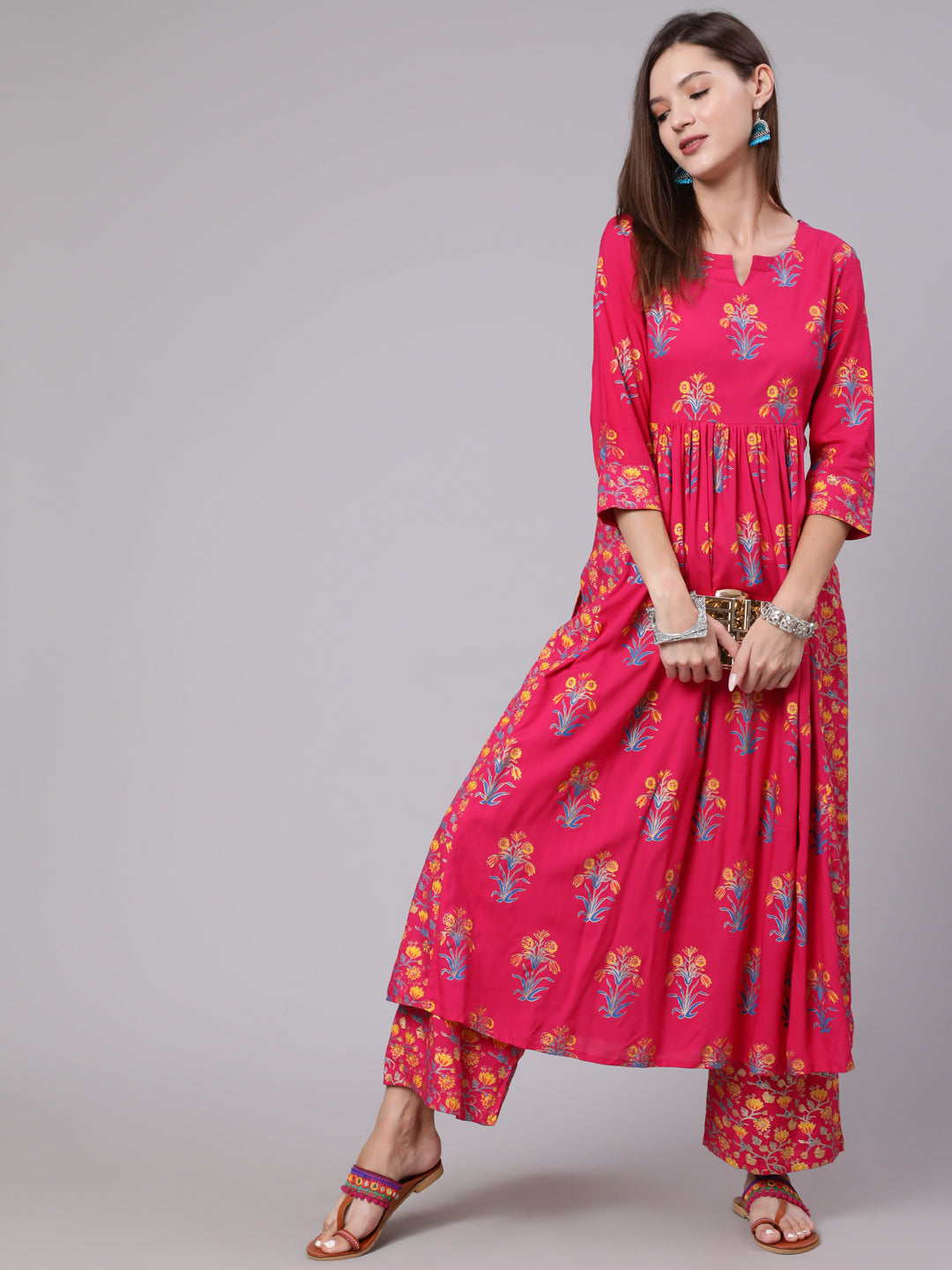 Rayon Calf Length Printed Flared 3/4 Sleeve Round Neck Set