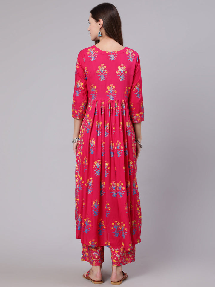 Rayon Calf Length Printed Flared 3/4 Sleeve Round Neck Set