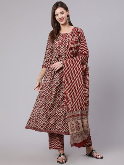 Cotton Calf Length Printed Semi Flared 3/4 Sleeve Round Neck Kurta Bottom Dupatta Set