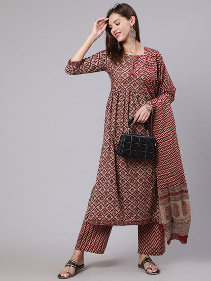 Cotton Calf Length Printed Semi Flared 3/4 Sleeve Round Neck Kurta Bottom Dupatta Set