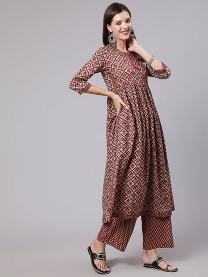 Cotton Calf Length Printed Semi Flared 3/4 Sleeve Round Neck Kurta Bottom Dupatta Set