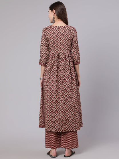 Cotton Calf Length Printed Semi Flared 3/4 Sleeve Round Neck Kurta Bottom Dupatta Set