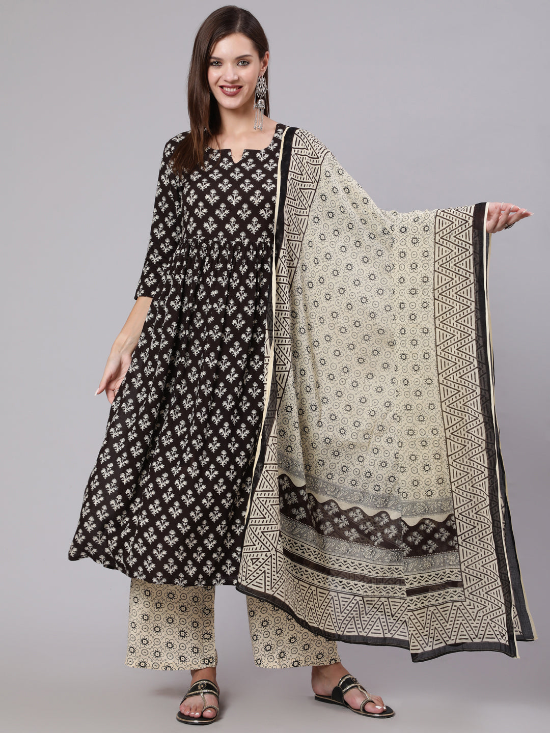 Rayon Calf Length Printed Flared 3/4 Sleeve Round Neck Kurta Bottom Dupatta Set
