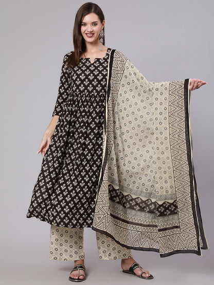 Rayon Calf Length Printed Flared 3/4 Sleeve Round Neck Kurta Bottom Dupatta Set