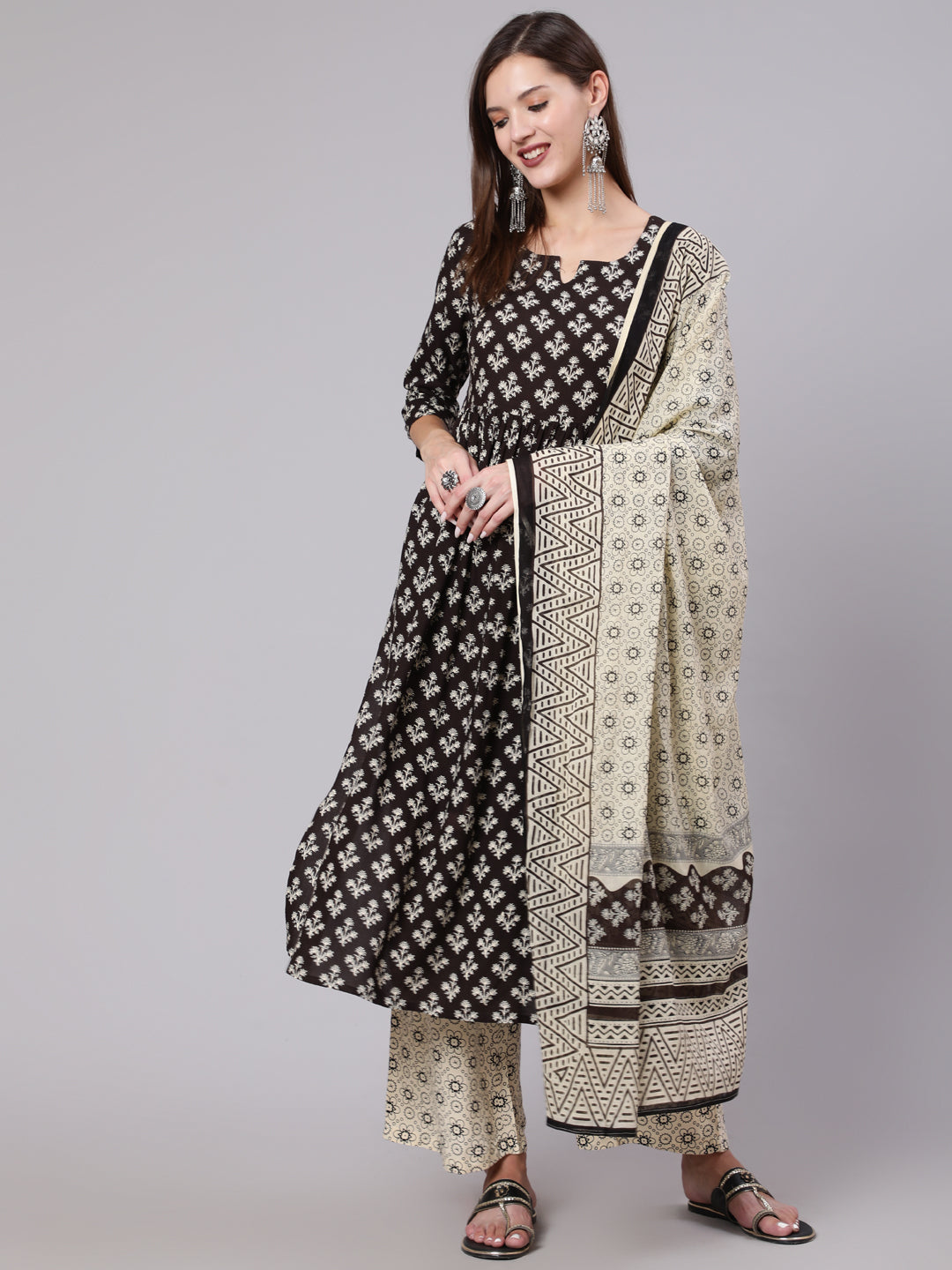 Rayon Calf Length Printed Flared 3/4 Sleeve Round Neck Kurta Bottom Dupatta Set