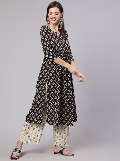 Rayon Calf Length Printed Flared 3/4 Sleeve Round Neck Kurta Bottom Dupatta Set