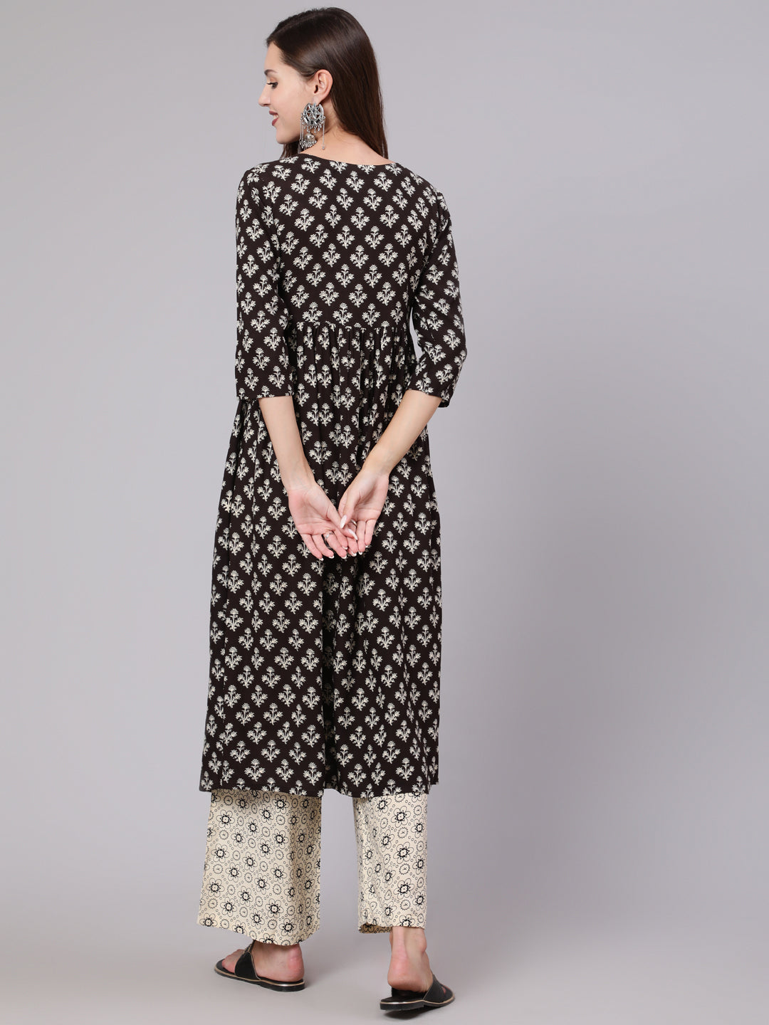 Rayon Calf Length Printed Flared 3/4 Sleeve Round Neck Kurta Bottom Dupatta Set