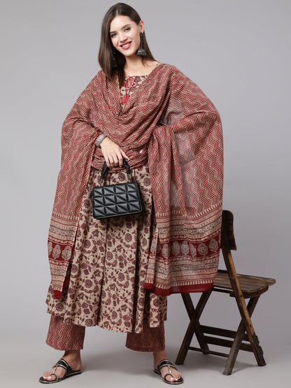 Cotton Calf Length Printed Flared 3/4 Sleeve Round Neck Kurta Bottom Dupatta Set
