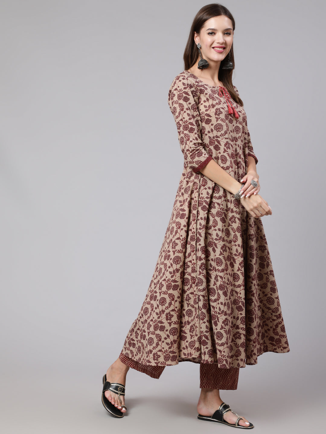 Cotton Calf Length Printed Flared 3/4 Sleeve Round Neck Kurta Bottom Dupatta Set