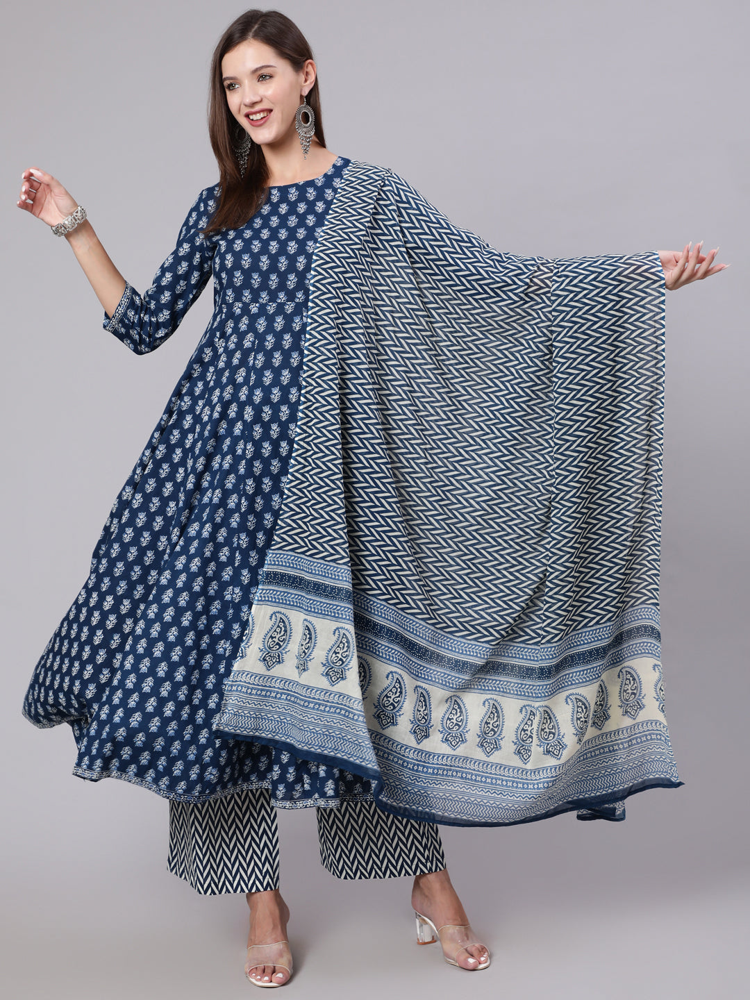 Cotton Calf Length Printed Flared 3/4 Sleeve Round Neck Kurta Bottom Dupatta Set