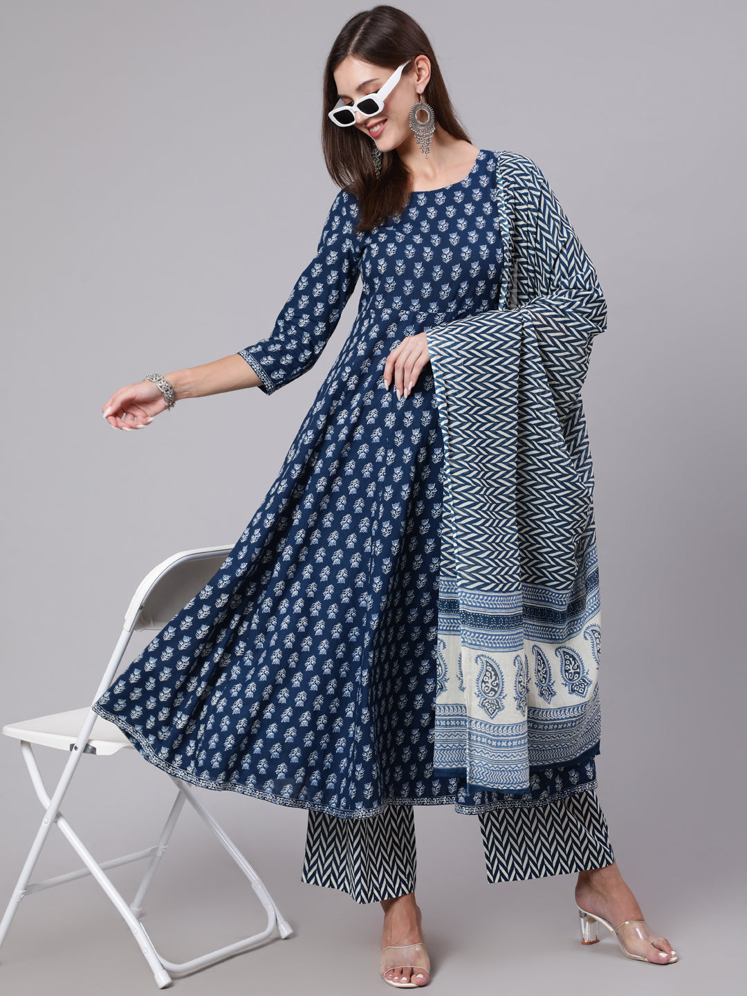 Cotton Calf Length Printed Flared 3/4 Sleeve Round Neck Kurta Bottom Dupatta Set