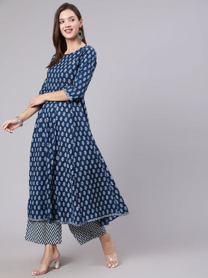 Cotton Calf Length Printed Flared 3/4 Sleeve Round Neck Kurta Bottom Dupatta Set