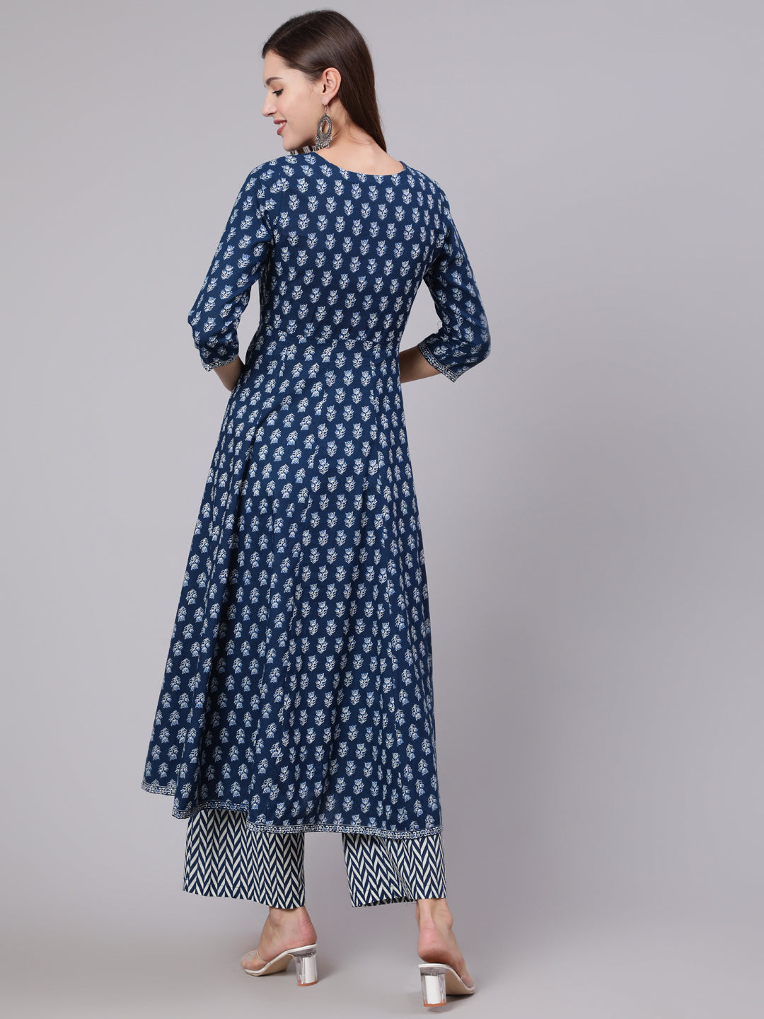 Cotton Calf Length Printed Flared 3/4 Sleeve Round Neck Kurta Bottom Dupatta Set