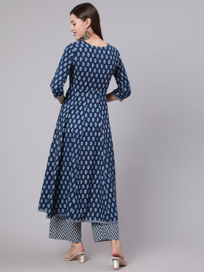 Cotton Calf Length Printed Flared 3/4 Sleeve Round Neck Kurta Bottom Dupatta Set