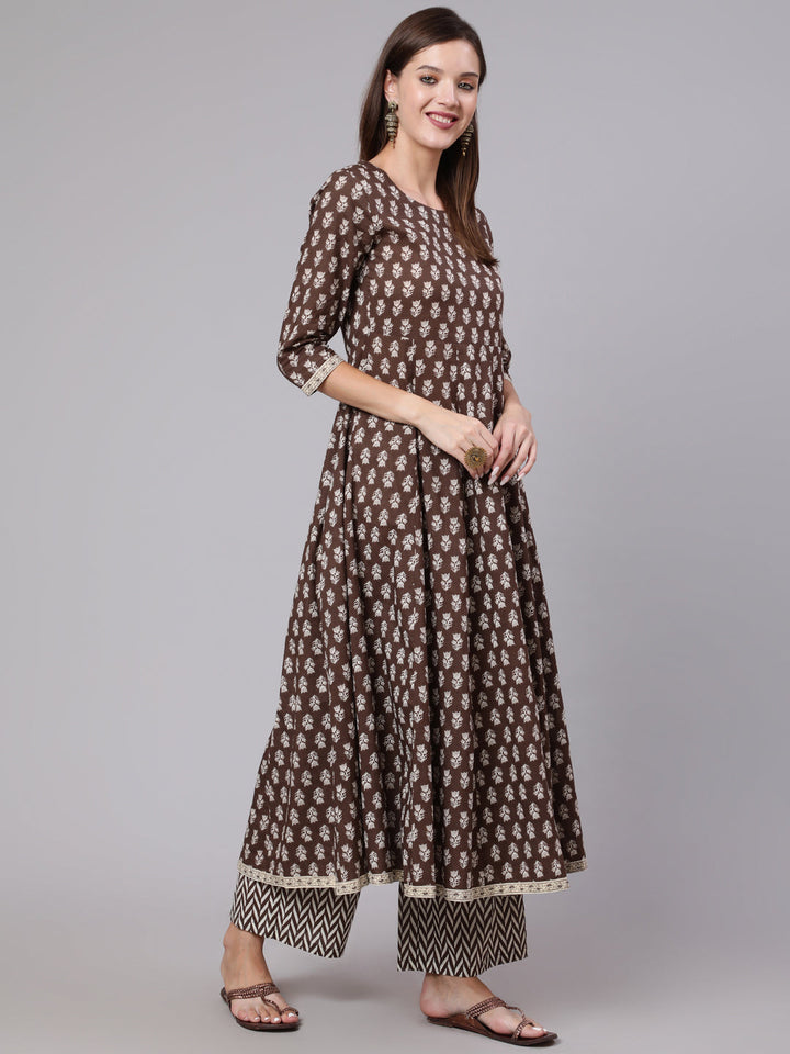 Cotton Calf Length Printed Flared 3/4 Sleeve Round Neck Kurta Bottom Dupatta Set