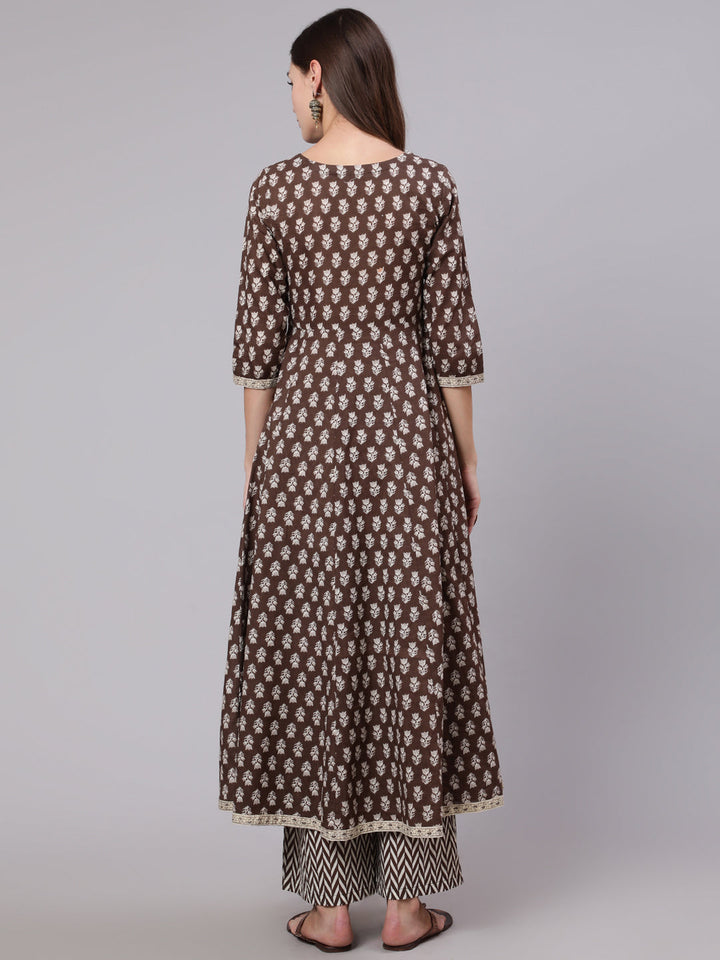 Cotton Calf Length Printed Flared 3/4 Sleeve Round Neck Kurta Bottom Dupatta Set