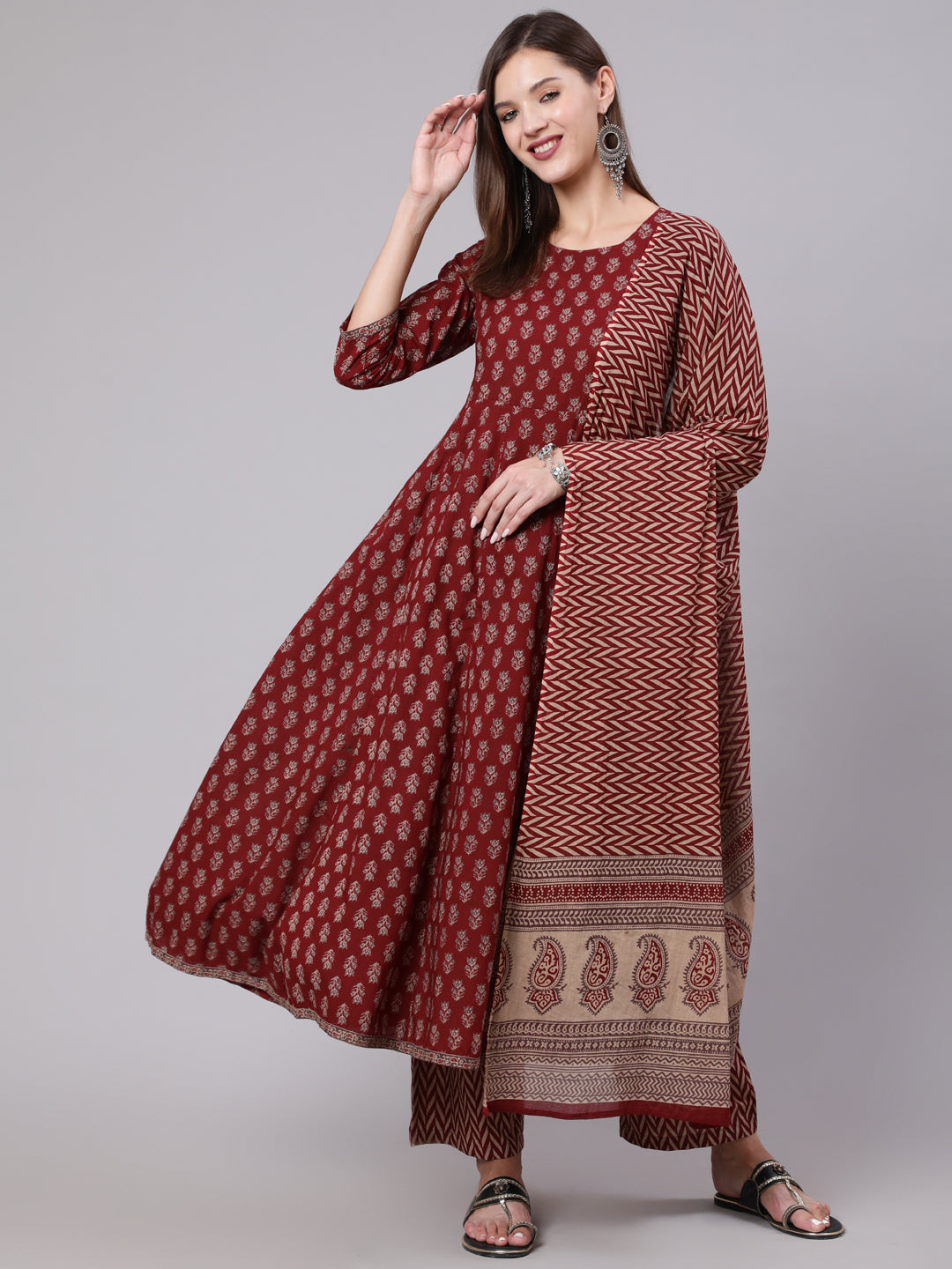 Cotton Calf Length Printed Flared 3/4 Sleeve Round Neck Kurta Bottom Dupatta Set