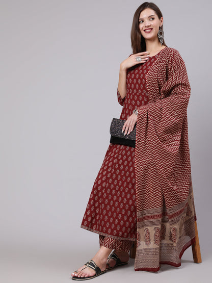 Cotton Calf Length Printed Flared 3/4 Sleeve Round Neck Kurta Bottom Dupatta Set