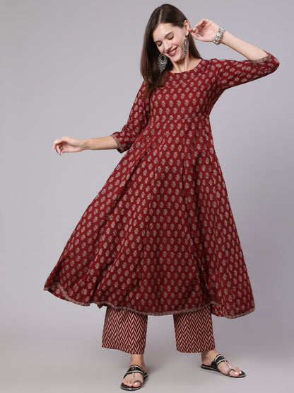 Cotton Calf Length Printed Flared 3/4 Sleeve Round Neck Kurta Bottom Dupatta Set