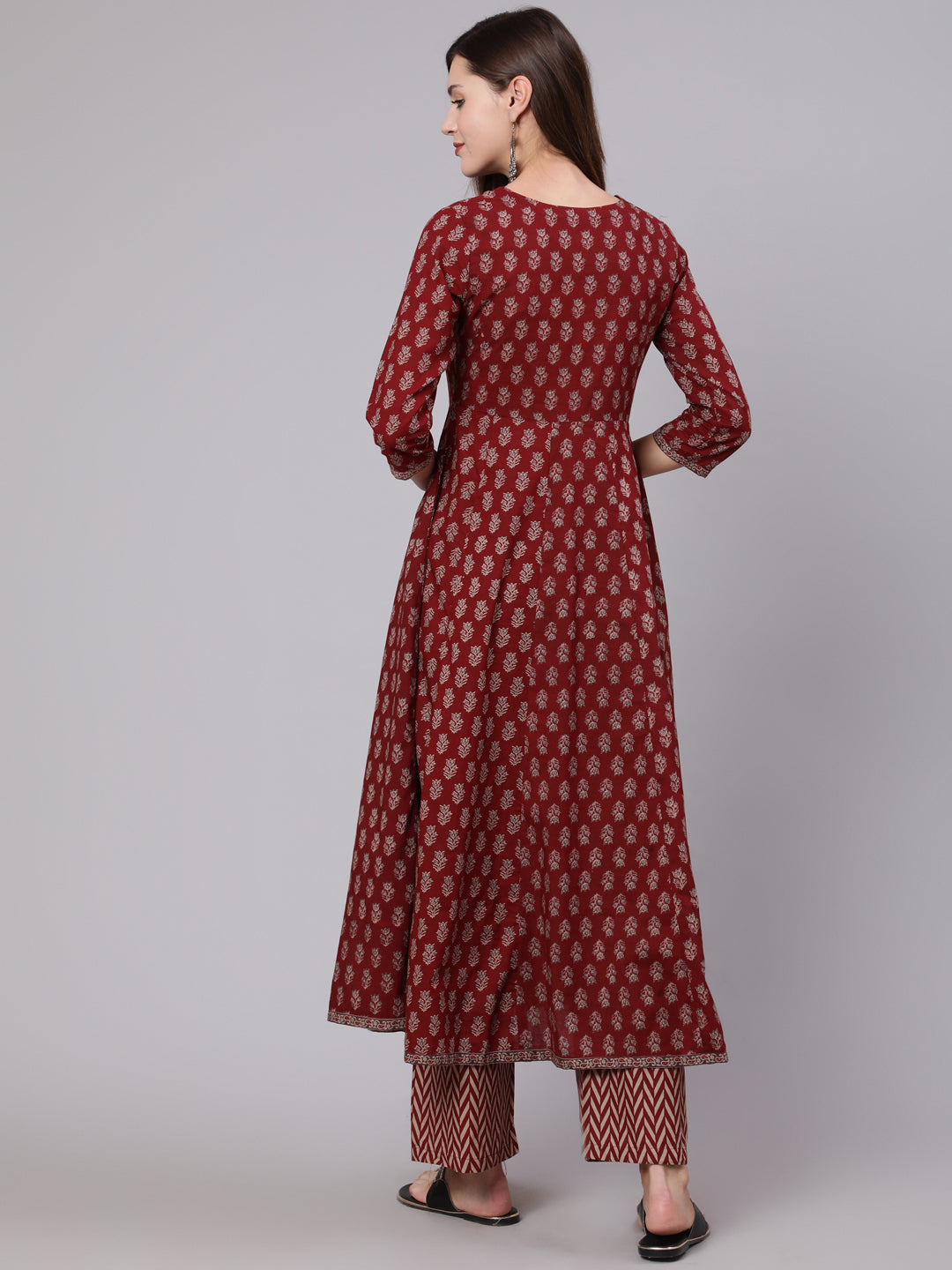 Cotton Calf Length Printed Flared 3/4 Sleeve Round Neck Kurta Bottom Dupatta Set