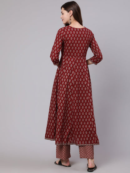 Cotton Calf Length Printed Flared 3/4 Sleeve Round Neck Kurta Bottom Dupatta Set