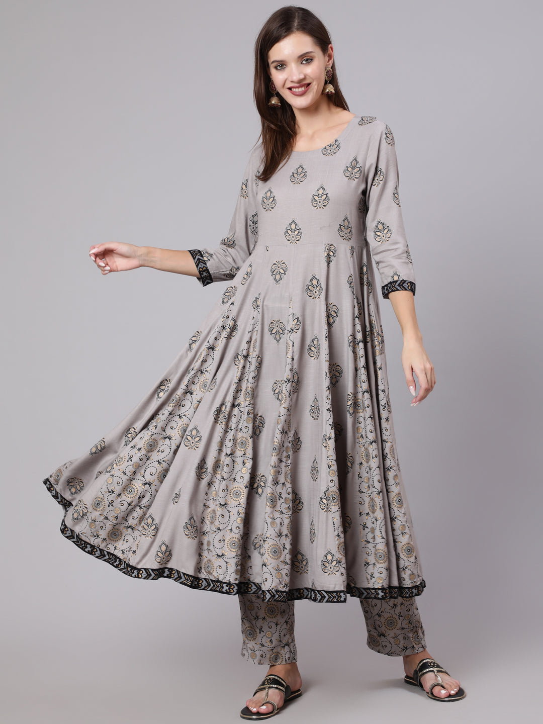 Rayon Calf Length Printed Flared 3/4 Sleeve Round Neck Kurta Bottom Set