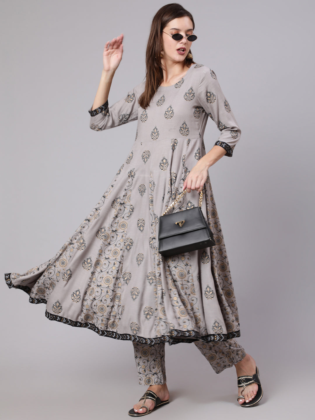 Rayon Calf Length Printed Flared 3/4 Sleeve Round Neck Kurta Bottom Set