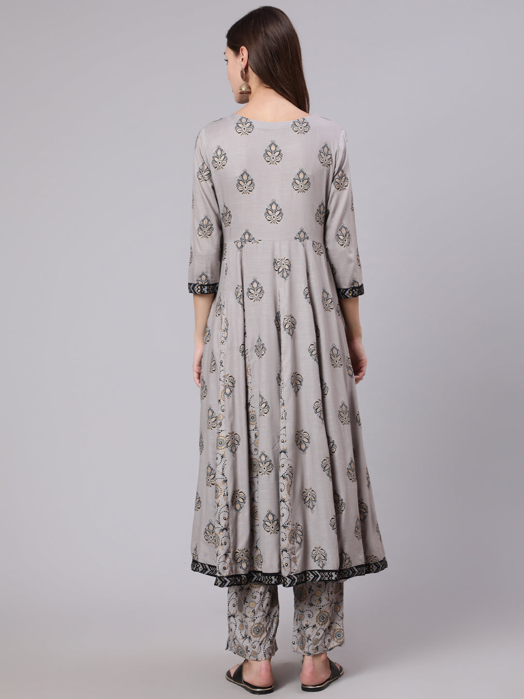Rayon Calf Length Printed Flared 3/4 Sleeve Round Neck Kurta Bottom Set